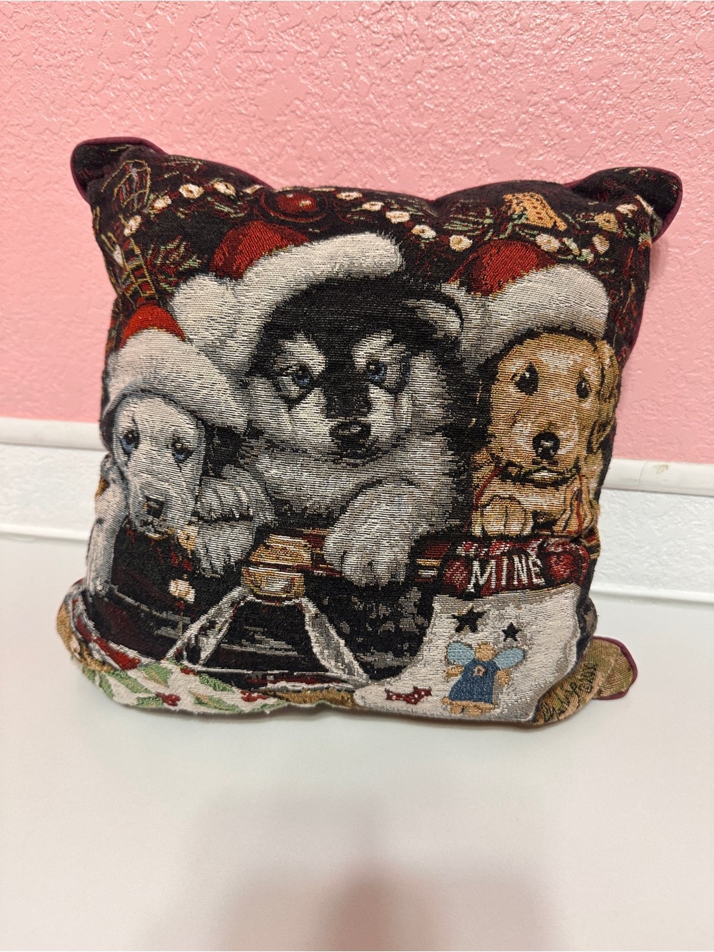 Vintage 2000 Jenny Newland Christmas Dog Tapestry Pillow